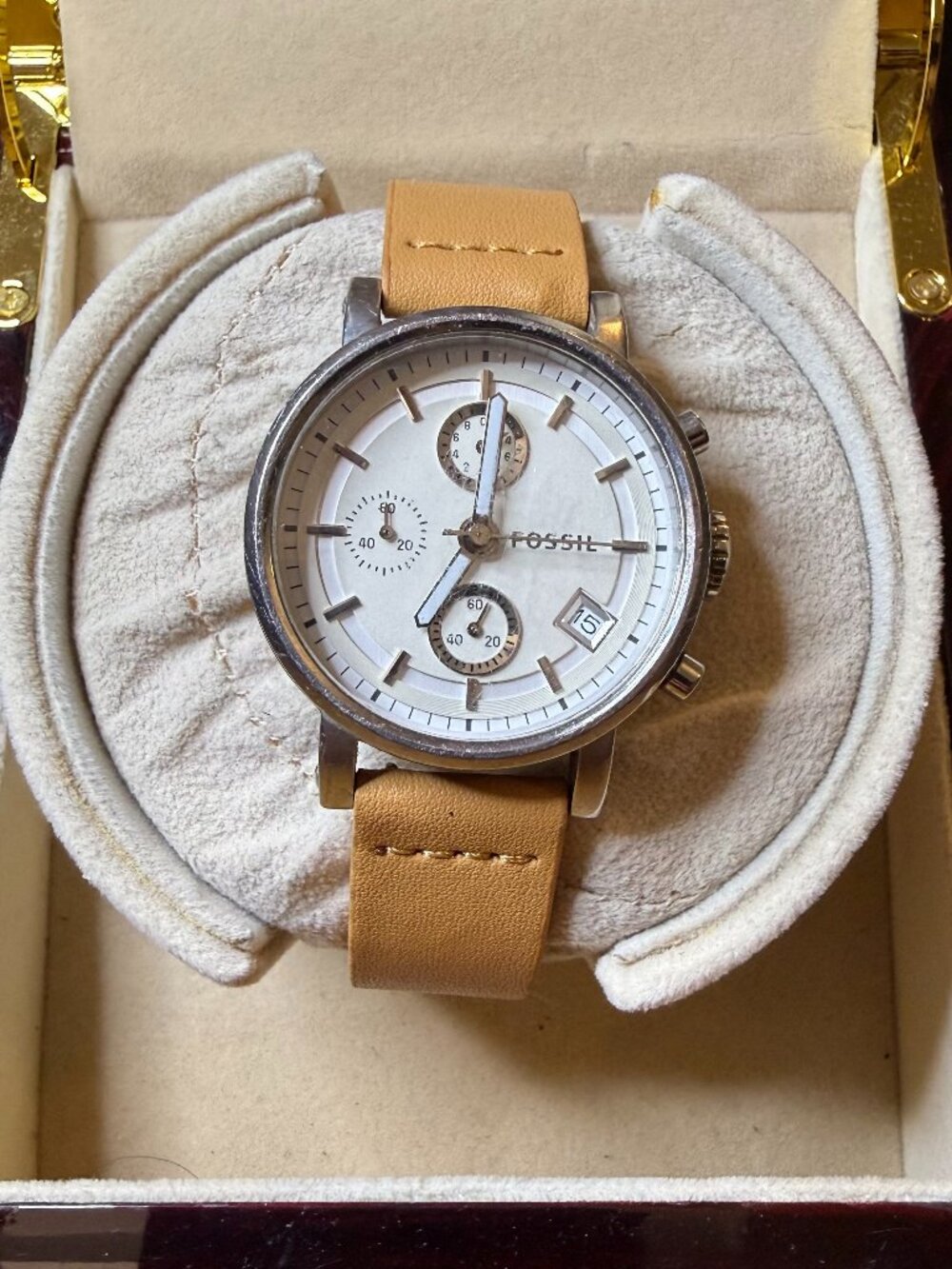 Fossil Original Boyfriend Tan/Silver/White Ladies' 3-Eye Watch ES-2202, 38mm